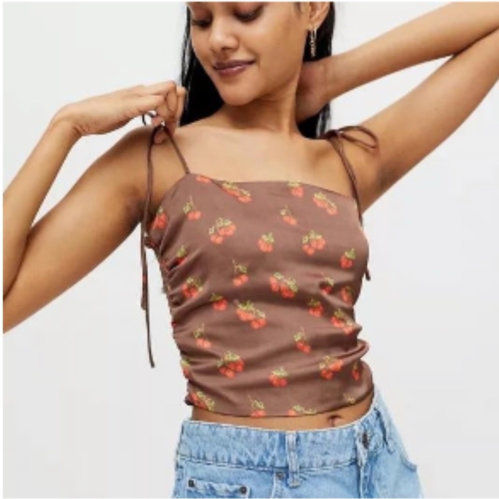 Urban Outfitters Brown Silk Crop Top with Cherry Print